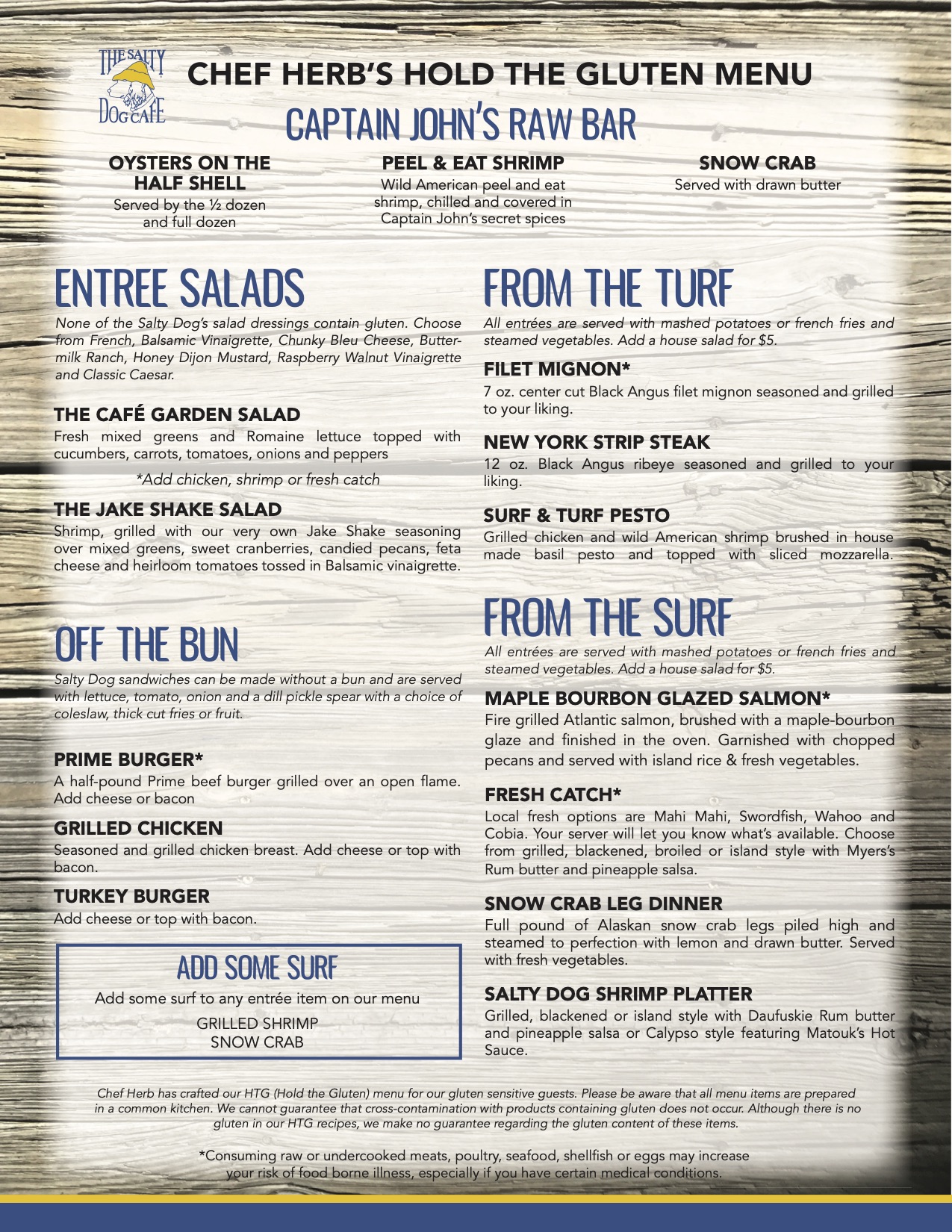 Gluten free menu for Salty dog cafe in Bluffton